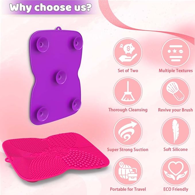 2 Pack Silicone Makeup Brush Cleaner Pad with Suction Cup, 8 Textures, Stable, YalsFTY Makeup Brush Cleaning Mat with Suction Cup (Rose and Purple)