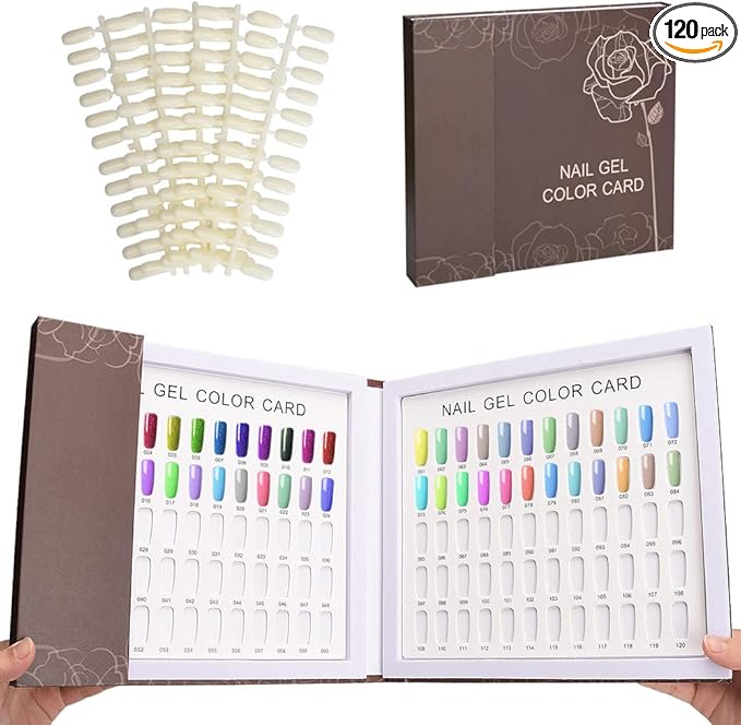 Noverlife 120 Nail Colors Display Book with 120 False Nail Tips, Nail Gel Polish Display Chart, Nail Art Samples Color Swatches Cardboard Nail Design Showcase for Manicure Salon Studio