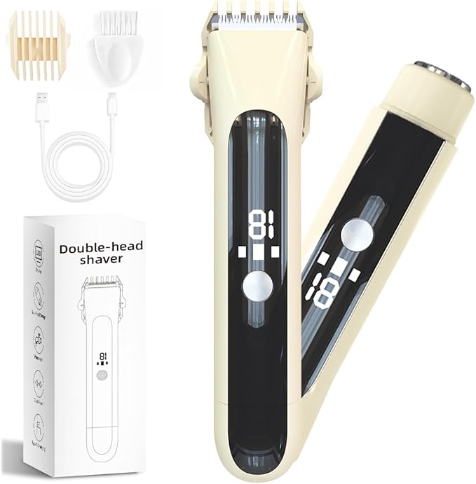 2 in 1 Women Electric Shaver,Dual Head Bikini Trimmer for Women with Ceramic Blade IPX7 Waterproof Wet & Dry Use Body Hair Trimmer,Electric Razor USB Rechargeable with HD LED Display (Beige)