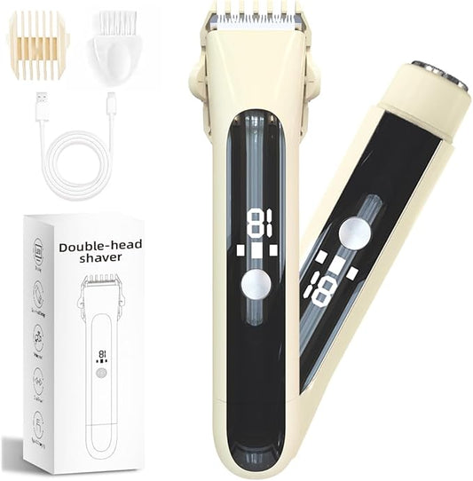 2 in 1 Women Electric Shaver,Dual Head Bikini Trimmer for Women with Ceramic Blade IPX7 Waterproof Wet & Dry Use Body Hair Trimmer,Electric Razor USB Rechargeable with HD LED Display (Beige)