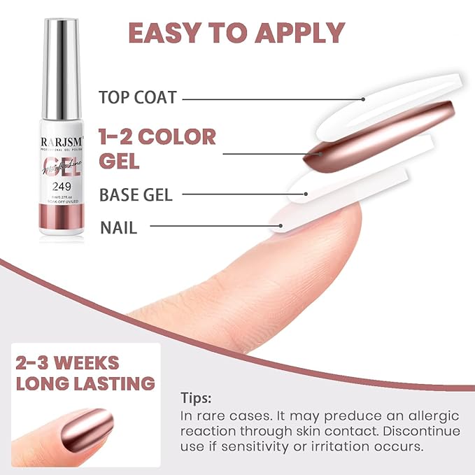 RARJSM Metallic Chrome Gel Liner Nail Art 3D Mirror Silver and Rose Gold Effect Gel Nail Polish 8ml Painting Build in Thin Brush Metal Painted Drawing Striper Gel Polish Curing Requires for Home Salon