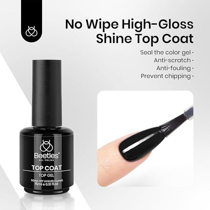 Beetles 3 Pcs No Wipe Gel Top Coat Base Coat & Black Gel Nail Polish Set, Shine Finish and Long Lasting, Soak Off LED Lamp Base Top Uv Lamp Nail Art Manicure Gifts for Women