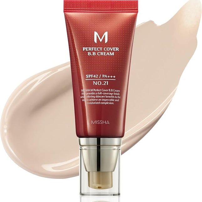 MISSHA M Perfect Cover BB Cream No.21 Light Beige - Light with Cool Undertone SPF 42 PA +++1.69 Fl Oz - Tinted Moisturizer for face with SPF