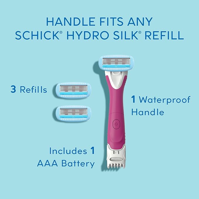 Schick Hydro Silk TrimStyle Razor with Bikini Trimmer for Women | 2-in-1 Bikini Razor for Women and Womens Trimmer for Pubic Hair, Includes 1 Waterproof Handle, 3 Refills & 1 AAA Battery