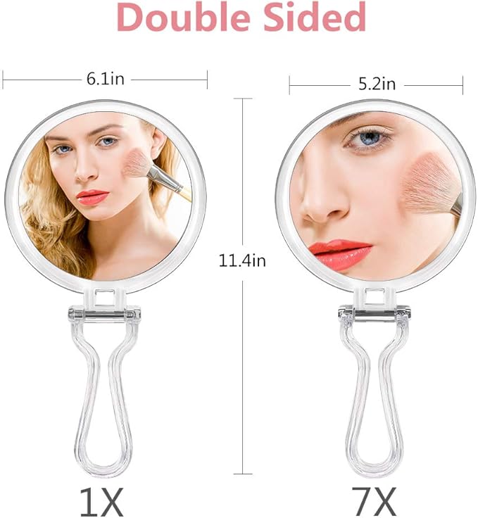 Double Sided Hand Held Mirror - 1X & 7X Magnifying Handheld Makeup Mirror with Adjustable Folding Handle, Portable, Transparent & Round (6")