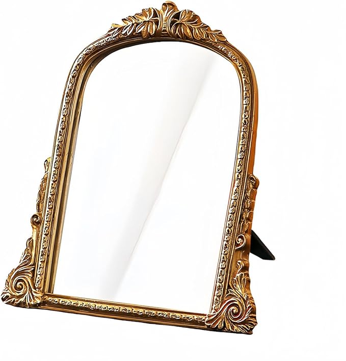 Vintage Gold Vanity Makeup Desk Mirror - Antique Chic Arch Table Mirror with Carved Resin Frame, Small Standing Arendahl Mirror for Living Room, Bedroom, Tabletop (13.2" x 12.8")