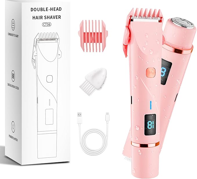 Bikini Trimmer for Women, 2 in 1 Electric Razors for Women Pubic Hair, IPX7 Waterproof Dual Head Bikini Shaver with LED Display, Rechargeable Electric Trimmer (Pink)