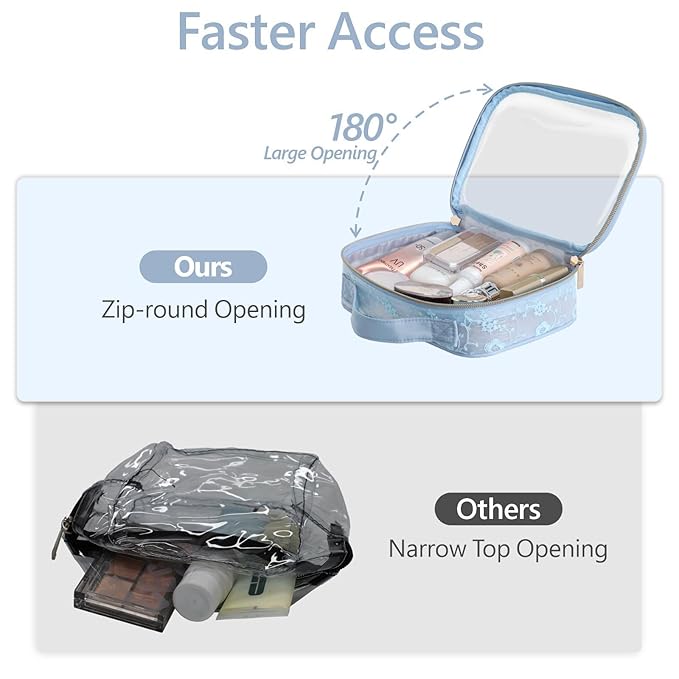 PACKISM TSA Approved Toiletry Bag - Floral Texture Lace Clear Makeup Bags, Ease of Clamshell Closing, Handles and Double Zippers, 0.5 mm Thicker Clear Toiletry Bags, Good for Travel, Blue