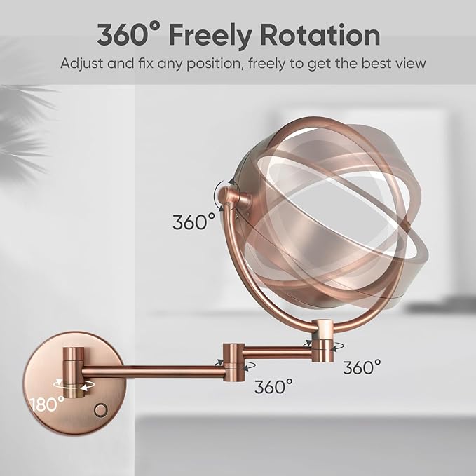 GURUN Wall Mounted Hardwired Makeup Mirror with 3 Tones Dimmable LED Lights 10x Magnifying Mirror with Touch Control for Bathroom Bedroom 13" Extendable Arm M1809DB-9x10MR-T(10x,Matte Rose Gold)