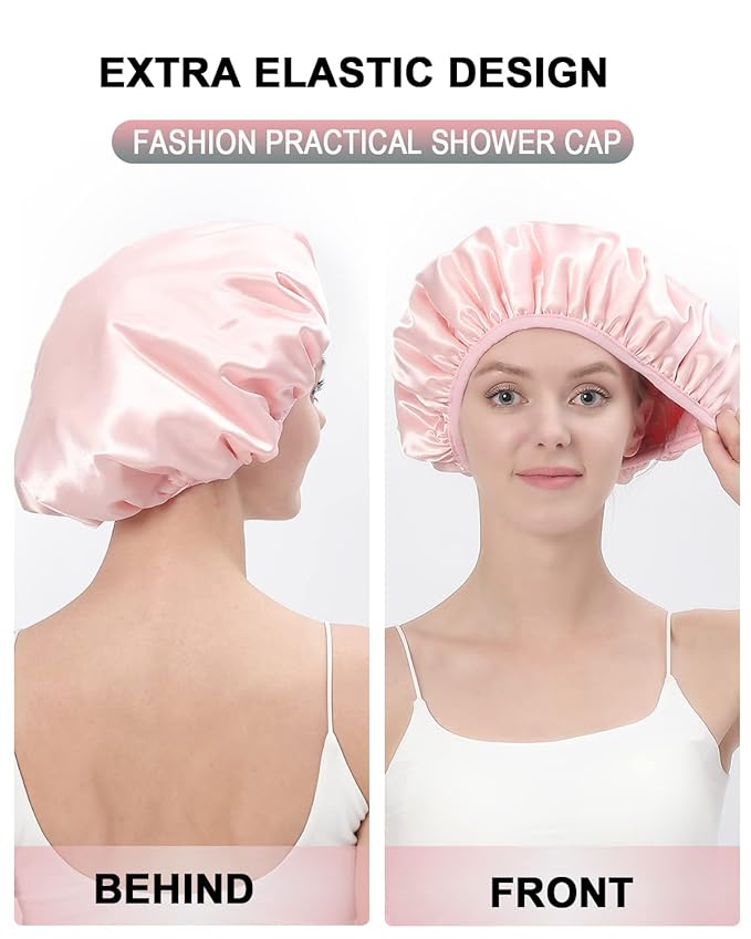 YIZIJIZI Terry Lined Shower Cap,Triple Layer Large Cap for Women,Shower Cap Reusable Waterproof,Long Thick Hair(Pink)