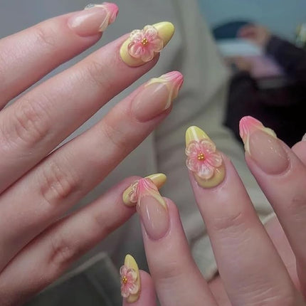 Press on Nails Almond Medium Yellow Pink Fake Nails with 3D Flower Gradient Designs French Tip Nails Press ons Acrylic Nail Glossy Glue on Nail Almond Stick on Nail for Women 24 Pcs