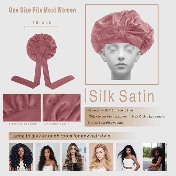 Silk Bonnet for Sleeping Women, Ajustable Hair Bonnet for Curly Hair with Tie Band Shower Caps Crimson，Large