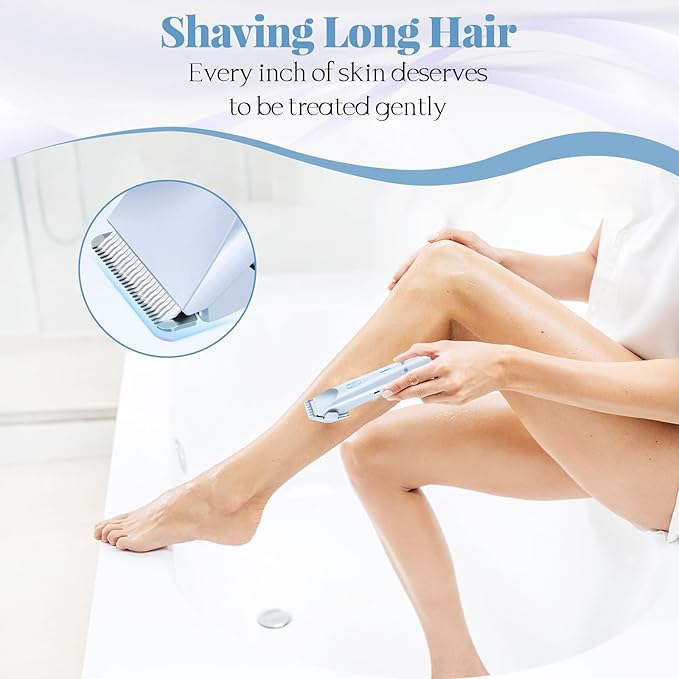 2025 New 2-in-1 Bikini Trimmer for Women, Dermave Bikini Shaver, Hypoallergenic, Wet & Dry IPX7 Waterproof, Cordless Pubic Hair Removal for Bikini, Leg, Arm, Body (Blue)