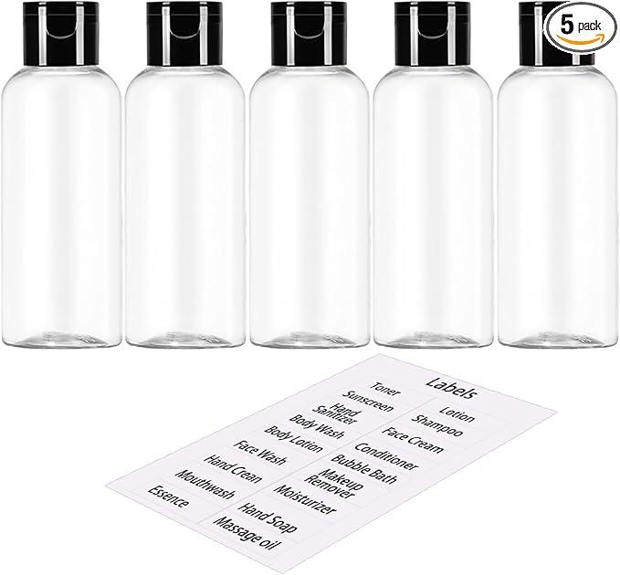 5 Pack 3.4 oz Travel Size Bottles for Toiletries TSA Approved Leak Proof Empty Refillable Liquid Containers with Labels