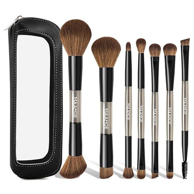 MAANGE 7 PCS Foundation Makeup Brush Set With Bag, Make up Brushes, Eyeshadow Concealer Brush, Double-ended Foundation Contour Powder Blush, Professional Face brush Set Tools For Liquid,Cream (Black)