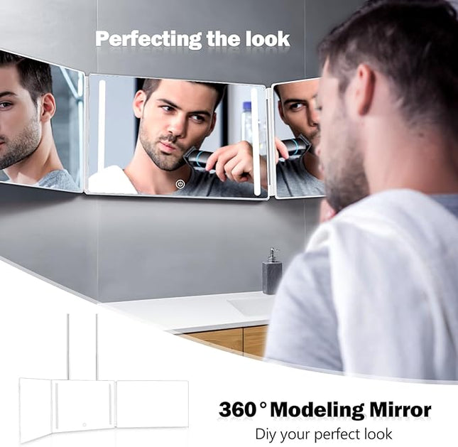 JANMPASK LED 3 Way Mirror for Self Hair Cutting Vanity Mirror Barber Supplies Accessories 360 Makeup with Light Trifold Mirror to See Back of Head (White with Light)
