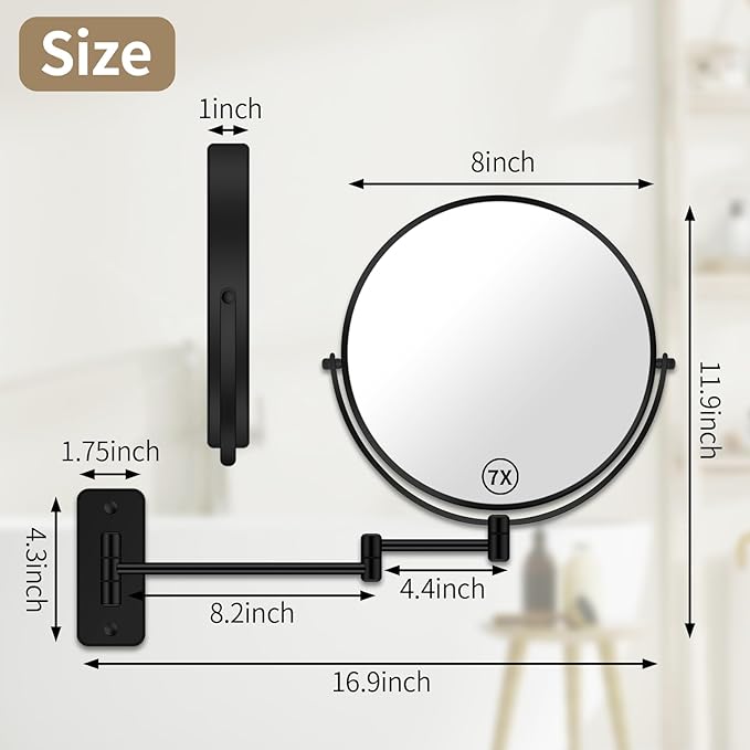 8” Wall Mounted Magnifying Makeup Mirror 1X/7X Wall Mount Mirror Swing Arm Two-Sided 360° Swivel Bathroom Shaving Mirror for Men and Women in Hotel/Home, Black