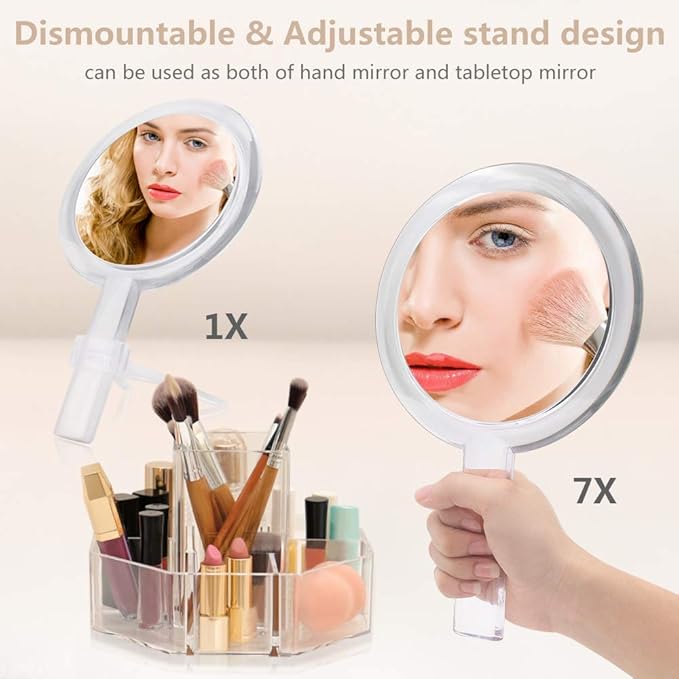 Double Sided 1x - 7X Magnification Hand Held Makeup Mirror with Adjustable Stand,Clear (7X)