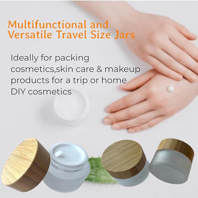 Empty Refillable Frosted Glass Cosmetic Jar 4 Pack 15g/0.5oz with Bamboo Lids,Skin Care Travel Containers Pot Vial Holder Sample Storage for Eye Cream Lotion Ointments Lip Balm Frost