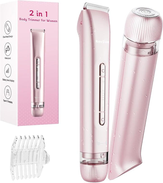 Bikini Trimmer for Women, 2-in-1 Electric Razors for Women for Bikini Line & Sensitive Areas, IPX7 Waterproof Wet & Dry Razor for Underarms, Legs, Arms, Body & Face, USB-C Rechargeable, Pink