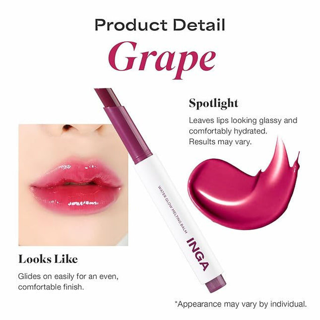 INGA Water Glow Melting Balm - Hydrating Tinted Lip Balm with Soft, Melt-On Texture, Natural Sheer, Glass-Like Finish with Non-Sticky, Lightweight Comfort (GRAPE JUICE)