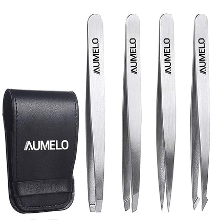 Tweezers Set 4-Piece Professional Stainless Steel Tweezers Gift with Travel Case by Aumelo - Best Precision Eyebrow and Splinter Ingrown Hair Removal Tweezer Tip,No Colored & Chemical Free
