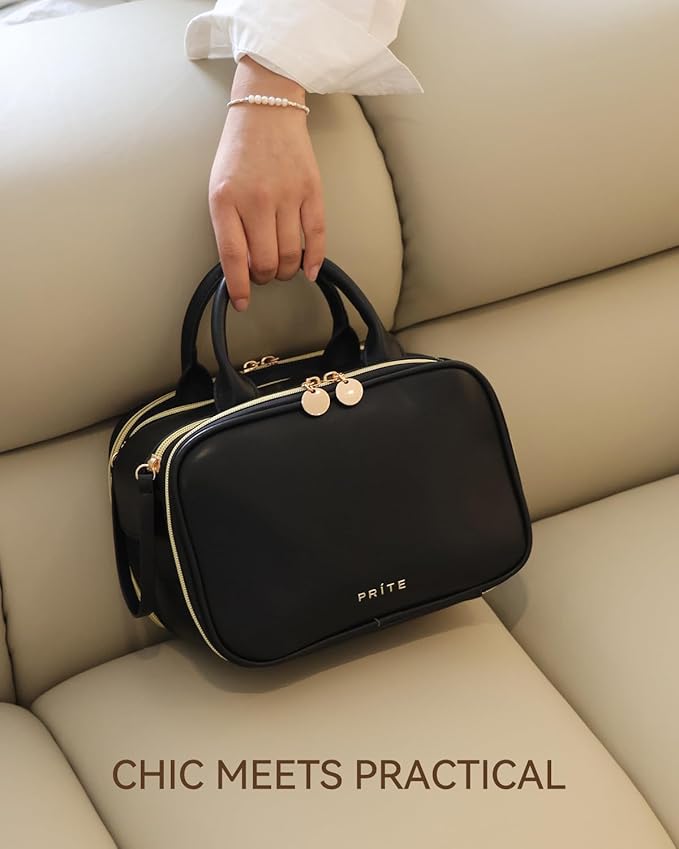 Prite Makeup Bag for Women, Large Capacity Waterproof Travel Cosmetic Organizer, Portable Open Flat Toiletry Bag with Free-standing Brush Holder and Handle(Black Large)