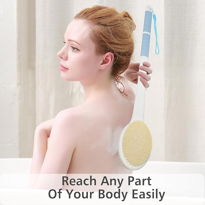 Shower Brush with Soft and Stiff Bristles, 20.5" New Extended Long Handle Back Scrubber Dual-Side Bath Brush Body Exfoliator for Wet or Dry Brushing (Grey Super Long)