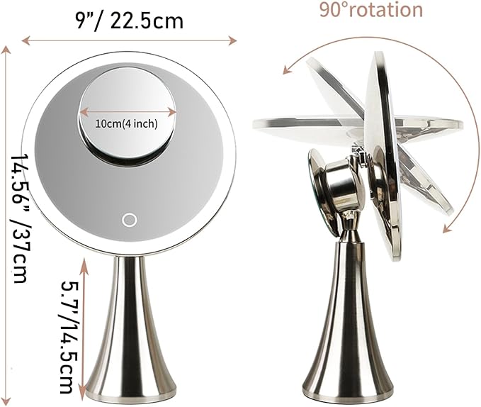 9inch Lighted Round Makeup Vanity Mirror, 5X/10X Dual Magnification with Ultra Bright LED Lights Beauty Mirror, Rechargeable, Cordless, Touch Control Adjustable Brightness, Brushed Stainless Steel