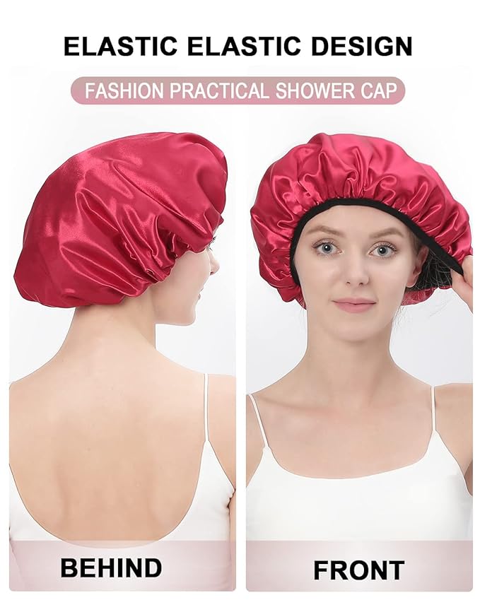 YIZIJIZI Triple Layer Reusable Waterproof Shower Cap for Women Large Terry Lined Hair Cap for Long Thick Hair Travel Bath Care Red