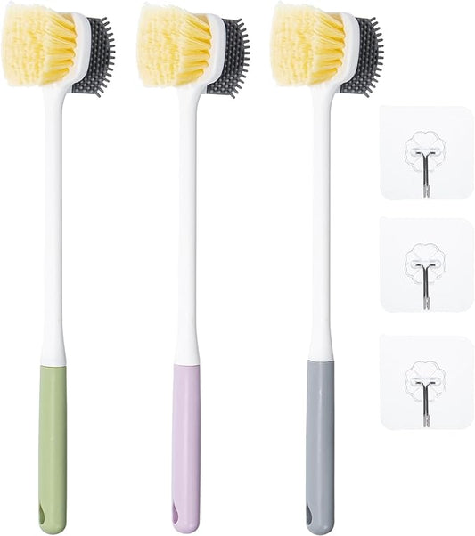Foot Scrubber Toe Cleaning Brush, 3 Pack Shower Foot Scrubber with Long Handle, Double-Sided Silicone and Soft Bristle Brush for Skin Exfoliation, Seniors, Adults, Grey Purple Green