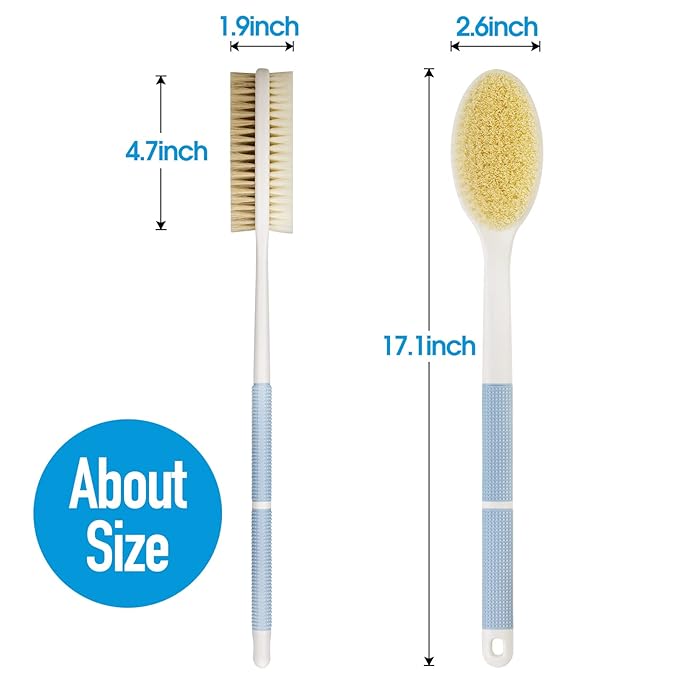 Back Scrubber Anti Slip for Shower,Shower Brush Long Handle with Stiff and Soft Bristles,Body Exfoliator for Bath or Dry Brush(Blue)