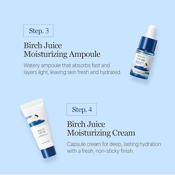 ROUND LAB Birch Juice Moisturizing Mini Kit, 4-Step Travel Size Skincare Set (Cleanser, Toner, Ampoule, Cream) | Korean Moisturizer, Hydrating Routine | Soothing Care for Acne-Prone, Sensitive Skin