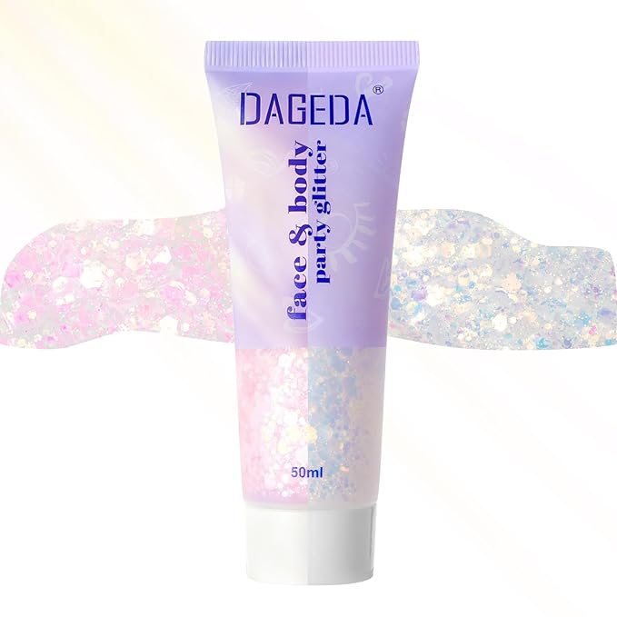 DAGEDA Light-Reactive to Pink Body Glitter Gel, Holographic Face Glitter Rave Party Accessories, Chunky Glitters for Hair Eyes Nails, Cosmetic Laser Powder Festival Sequins Paint Makeup