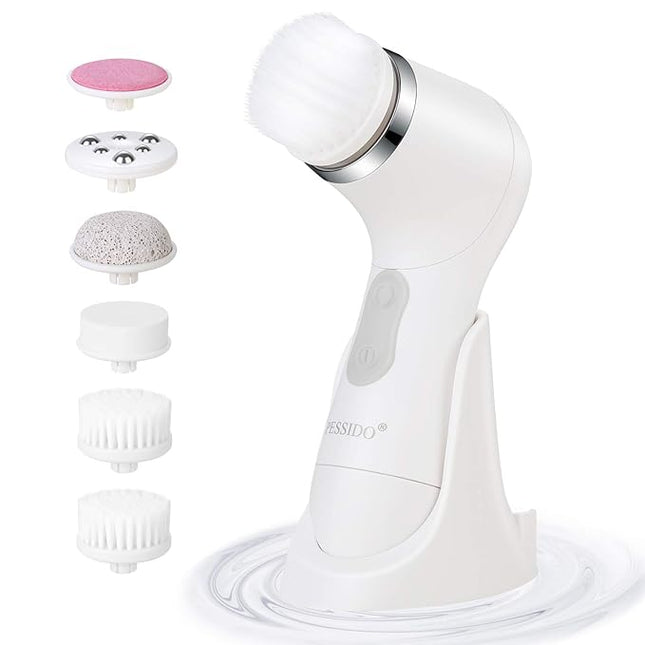 Facial Cleansing Brush, Waterproof Spin Face Brush Set with Holder and 6 Brush Heads, Gentle Exfoliating, Deep Cleansing, Massaging and Removing Blackhead for Women and Men (White)