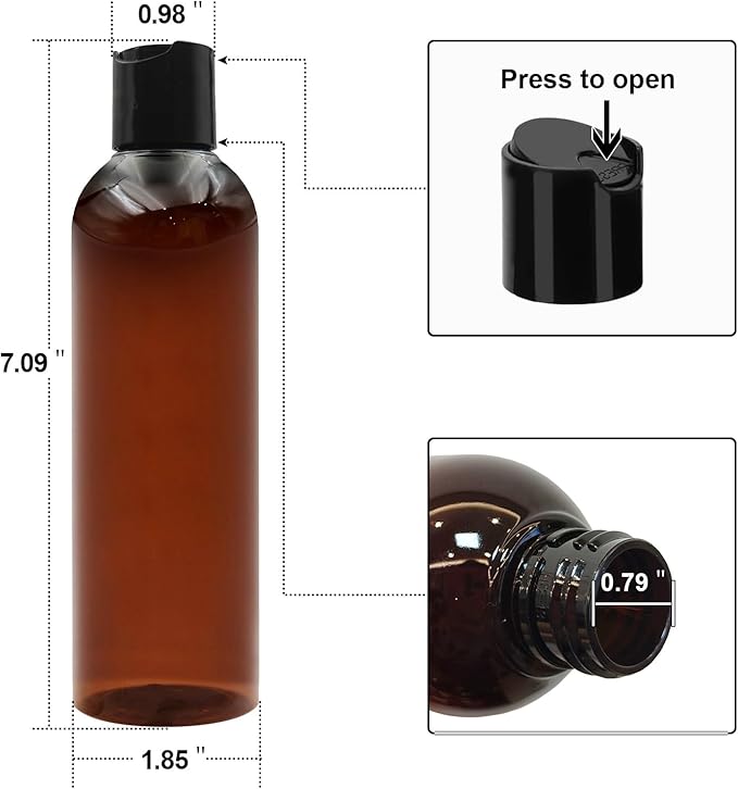 6 Pack 8 oz Amber Plastic Squeeze Bottles with Black Disc Caps Refillable Empty Travel Containers Bottles for Shampoo Conditioner Toiletries Lotions Oils BPA Free
