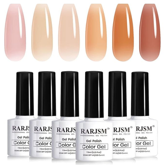 RARJSM Nude Gel Polish Set 6 Colors Creamy Caramel Brown Collection Clear Jelly Purple Pink Natural Light Orange Translucent French Manicure Gel Nail Polish Soak off UV LED Curing for Home Salon Mani