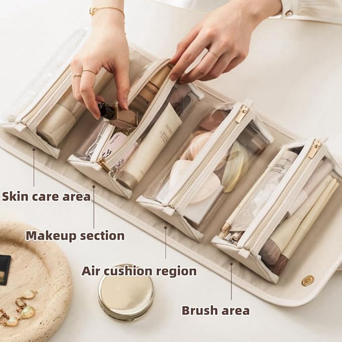 Stylish 4-in-1 Foldable Cosmetic Bag – Large Expandable Capacity, Waterproof with Detachable Interior Pockets & Mini Pouches, Ideal for Women's Travel Makeup Organization