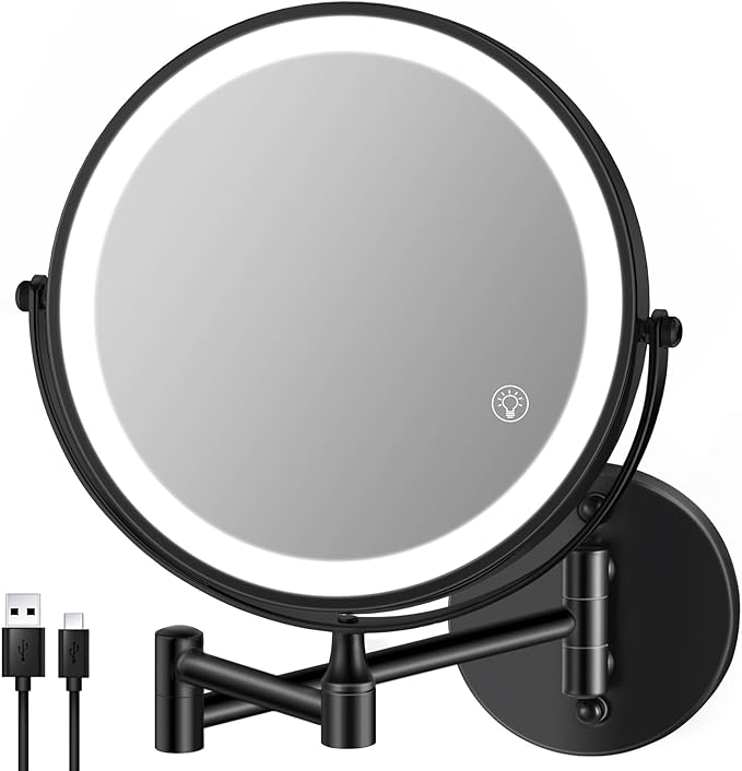 8.5'' Lighted Makeup Mirror with Magnification, Double Sided Dual Touch 1X/10X Magnifying Mirror with Lights 360°Swivel Bathroom Mirror with Extendable Arm