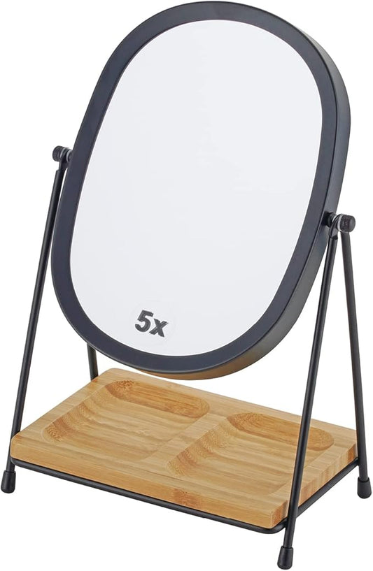 JOYOEIKON Tabletop 5x/1x Magnifying Makeup Mirror with Squared Bamboo Tray Small Desk Mirror 360° Rotation Vanity Mirror with Stand Desktop Cosmetic Mirror