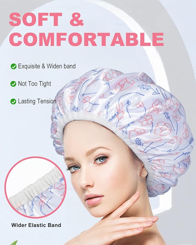 Shower Cap, Triple Layer Large Shower Cap for Women, Terry Cloth Lined Reusable Shower Caps for Long Thick Hair(Line Flower)