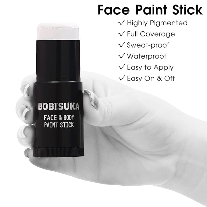 BOBISUKA Face Body White Paint Stick, Clown Makeup Eye Black Sticks for Sports, White Foundation Face Painting Kit for Halloween Skeleton Vampire Mime Skull Joker Special Effects Cosplay SFX Costume