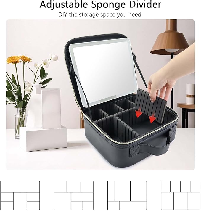 Travel Makeup Bag with LED Mirror Travel Makeup Organizer with 3 Lighted Settings, Adjustable Dividers and Makeup Brush Storage Bag Black