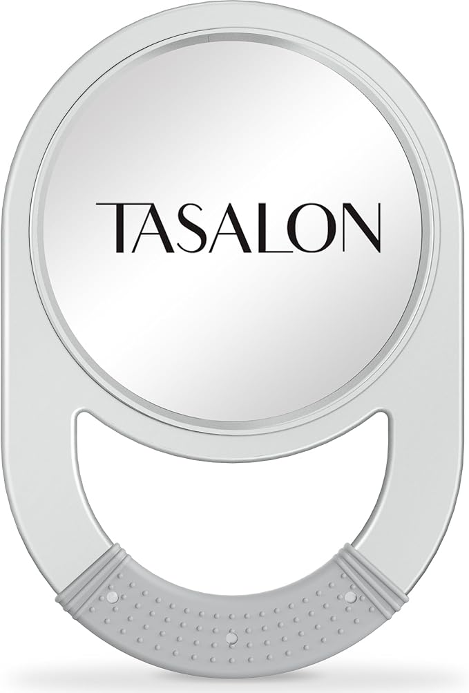 TASALON Unbreakable Hand Mirror, Hand Mirrors with Handle, Salon Barber for Hair, Anti-Slip Hand Held with Rubber Grip for Travel, Makeup, Shaving, Shower, Camping - Silver