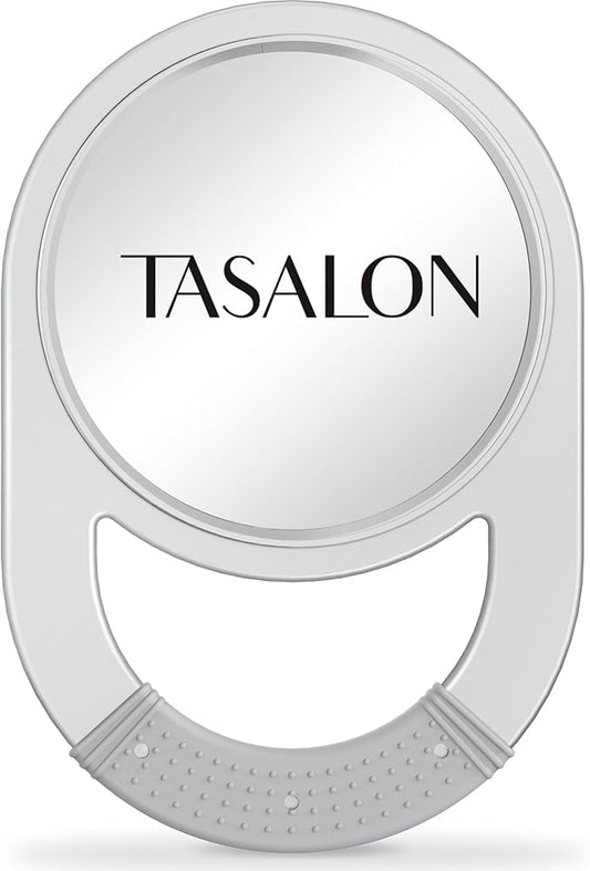 TASALON Unbreakable Hand Mirror, Hand Mirrors with Handle, Salon Barber for Hair, Anti-Slip Hand Held with Rubber Grip for Travel, Makeup, Shaving, Shower, Camping - Silver