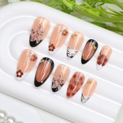 Short Press on Nails Almond Fake Nails with 3D Flower Gold Pearl Designs French Tip Nails Press ons Black Nude White Brown Acrylic Glossy Glue on Nail for Women 24 Pcs