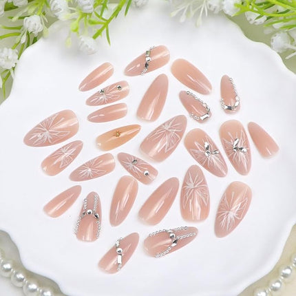 Almond Press on Nails Medium Fake Nails Nude Pink Nails Press ons with 3D Rhinestones Silver Pearl Designs Acrylic Nail Glossy Stick on Nail for Women 24 Pcs