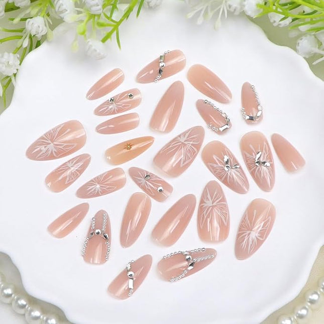 Almond Press on Nails Medium Fake Nails Nude Pink Nails Press ons with 3D Rhinestones Silver Pearl Designs Acrylic Nail Glossy Stick on Nail for Women 24 Pcs