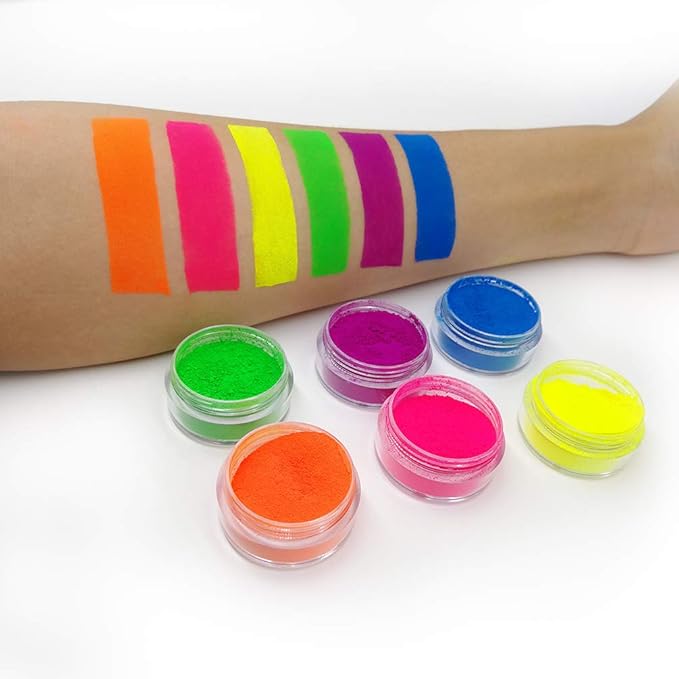 Neon Pigment Eyeshadow Powder UV Reactive Glow in the Blacklight 6 Mixed Bright True Colors for Body/Eyeshadow, Carnival Party Halloween Makeup (6NE)