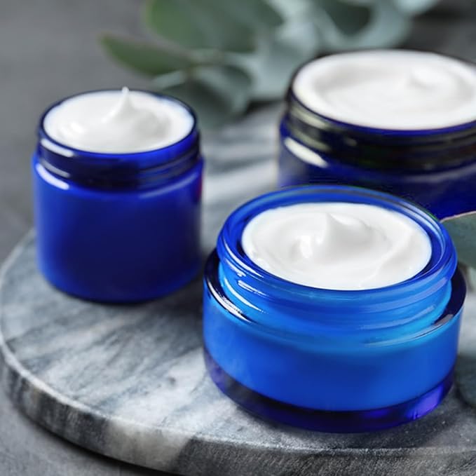1 Oz Blue Round Glass Jars with Inner Liners and Black Lids(12PCS) Empty Cream Containers Refillable Cosmetic Vials for Cosmetics, Lotions, Ointment, Body Scrubs & Balms